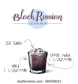 Hand drawn illustration of cocktail Black russian. Vector collection.