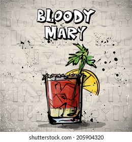 Hand drawn illustration of cocktail. BLOODY MARY. Vector collection.