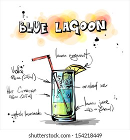 Hand drawn illustration of cocktail. BLUE LAGOON. Vector collection.