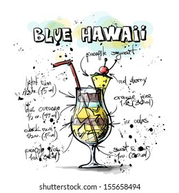 Hand drawn illustration of cocktail. BLUE HAWAII. Vector collection.