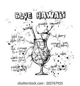 Hand drawn illustration of cocktail. BLUE HAWAII. Vector collection.