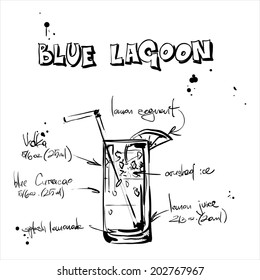 Hand drawn illustration of cocktail. BLUE LAGOON. Vector collection.