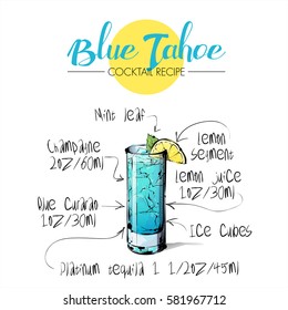 Hand drawn illustration of cocktail Blue tahoe. Vector collection.