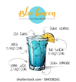 Hand drawn illustration of cocktail Blue lagoon. Vector collection.