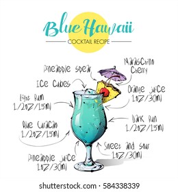 Hand drawn illustration of cocktail Blue Hawaii. Vector collection.