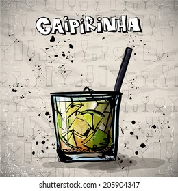 Hand drawn illustration of cocktail. CAIPIRINHA. Vector collection.