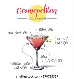 Hand drawn illustration of cocktail Cosmopoitan. Vector collection.