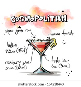 Hand drawn illustration of cocktail. COSMOPOLITAN. Vector collection.