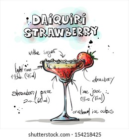 Hand drawn illustration of cocktail. DAIQUIRI STRAWBERRY. Vector collection.