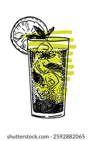 Hand drawn illustration of cocktail. Dessert templates collection for menu design, flyers and brochures. Engraving style hand drawn sketch, vector illustration.