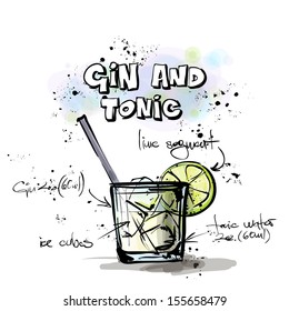 Hand drawn illustration of cocktail. GIN & TONIC. Vector collection.