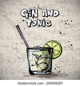 Hand drawn illustration of cocktail. GIN & TONIC. Vector collection.