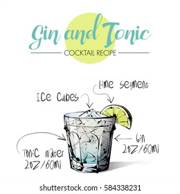 Hand drawn illustration of cocktail Gin and tonic. Vector collection.