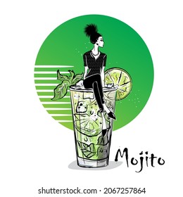 Hand drawn illustration of cocktail with girl. MOJITO. Vector illustration
