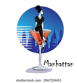 Hand drawn illustration of cocktail with girl. Manhattan. Vector illustration