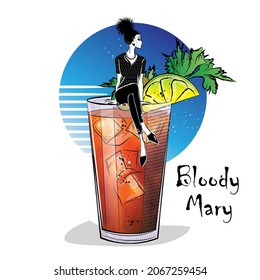 Hand drawn illustration of cocktail with girl. Bloody Mary. Vector illustration