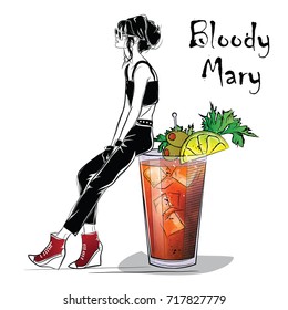 Hand drawn illustration of cocktail with girl. Bloody Mary. Vector illustration