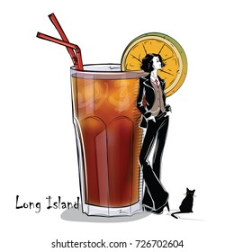 Hand drawn illustration of cocktail with girl. Long Island. Vector illustration