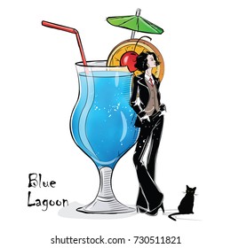 Hand drawn illustration of cocktail with girl. Blue Lagoon.