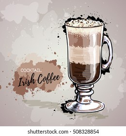 Hand drawn illustration of cocktail irish coffee.