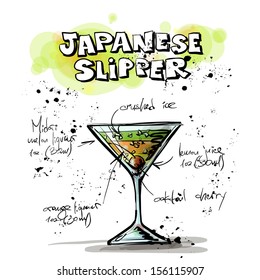 Hand drawn illustration of cocktail. JAPANESE SLIPPER. Vector collection.