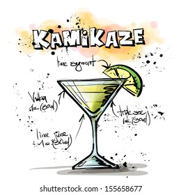 Hand drawn illustration of cocktail. KAMIKAZE. Vector collection.