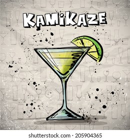 Hand drawn illustration of cocktail. KAMIKAZE. Vector collection.