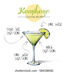 Hand drawn illustration of cocktail Kamikaze. Vector collection.