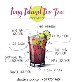 Hand Drawn Illustration Of Cocktail Long Island Ice Tea. Vector Collection.