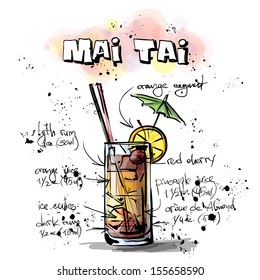 Hand drawn illustration of cocktail. MAI TAI. Vector collection.