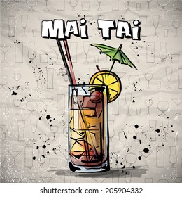 Hand drawn illustration of cocktail. MAI TAI. Vector collection.