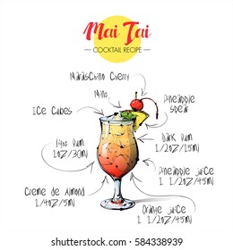 Dibujo a mano del cóctel Mai tai. Colección vectorial.