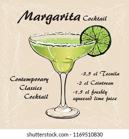 Hand drawn illustration of cocktail Margarita. Vector collection.