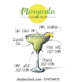 Hand Drawn Illustration Of Cocktail Margarita. Vector Collection.
