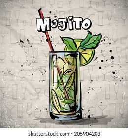 Hand drawn illustration of cocktail. MOJITO. Vector collection.
