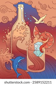 hand drawn illustration, cocktail negroni and bottle, waves, pop art detailed style	