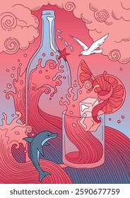 hand drawn illustration, cocktail negroni and bottle, waves, pop art detailed style	