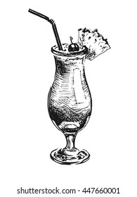 Hand drawn illustration of cocktail. Pina colada sketch on white background. Vector illustration.