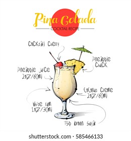 Hand drawn illustration of cocktail Pina Colada. Vector collection.