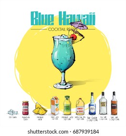 Hand drawn illustration of cocktail recipe. Vector collection.