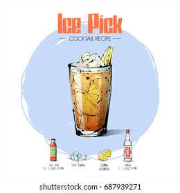 Hand drawn illustration of cocktail recipe. Vector collection.