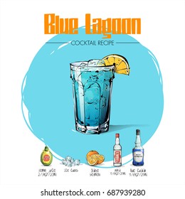 Hand drawn illustration of cocktail recipe. Vector collection.