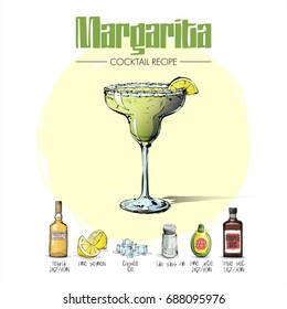 Hand drawn illustration of cocktail recipe. Vector collection.