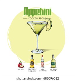 Hand drawn illustration of cocktail recipe. Vector collection.