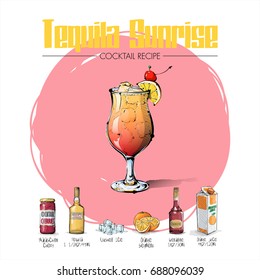 Hand drawn illustration of cocktail recipe. Vector collection.