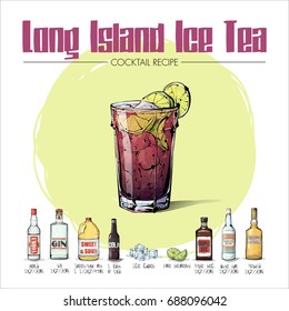 Hand drawn illustration of cocktail recipe. Vector collection.