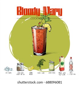 Hand drawn illustration of cocktail recipe. Vector collection.