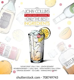 Hand drawn illustration of cocktail recipe with ingredients. Vector collection.