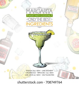 Hand drawn illustration of cocktail recipe with ingredients. Vector collection.