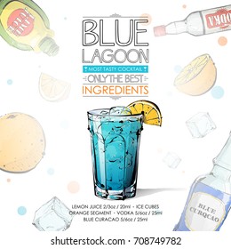 Hand drawn illustration of cocktail recipe with ingredients. Vector collection.